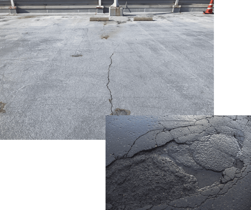 特殊防水のトクボー　駐車場の止水・防水　床アスコンに直接施行可能な新技術！駐車場を使いながら施工OK　必要な部分だけ修繕可能　ご予算に合わせた柔軟対応　商業施設の屋上駐車場　立体駐車場地下駐車場
